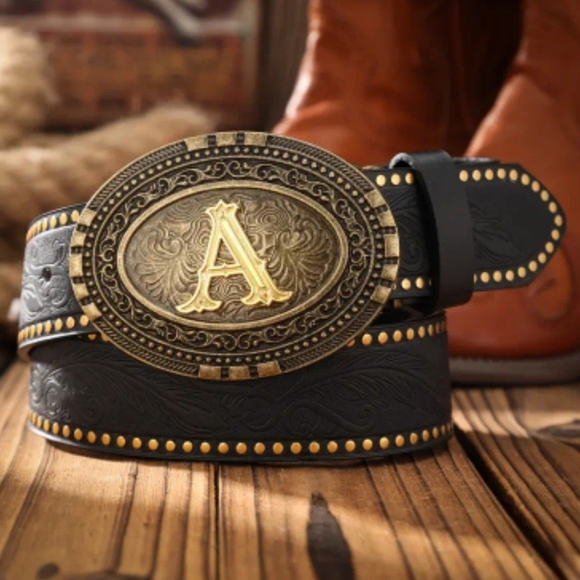 Other - Western Tooled Belt w/ Gold Monogram Buckle | Cowboy Several Letters Available